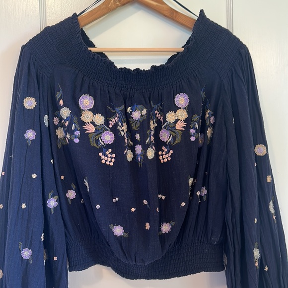 Free People Embroidered Off the Shoulder Top | Navy Size - Large - Picture 10 of 13